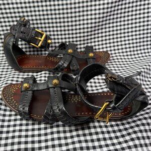 Vintage Miu Miu Black Leather Gladiator Sandals Studded Buckle Designer Sandals